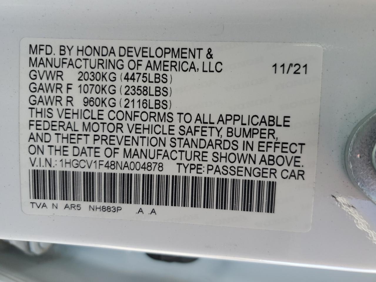 2022 HONDA ACCORD SPORT SE VIN:1HGCV1F48NA004878