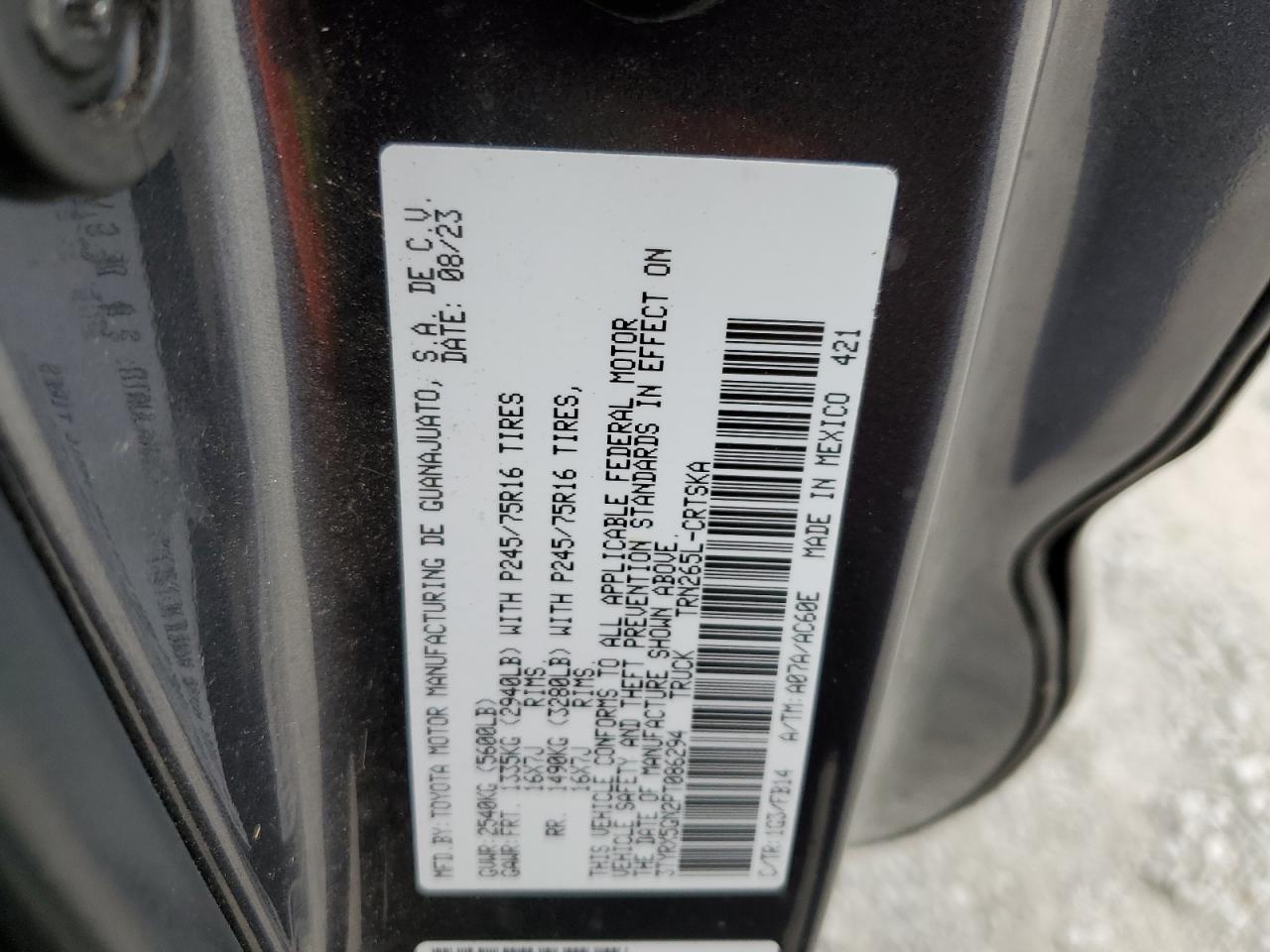 2023 TOYOTA TACOMA ACCESS CAB VIN:3TYRX5GN2PT086294