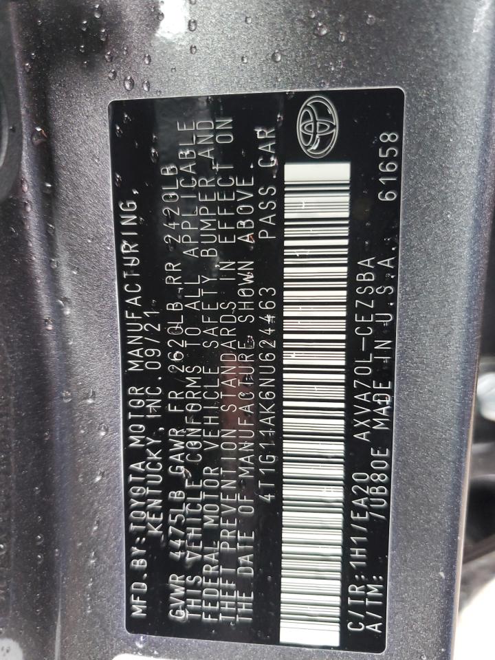 2022 TOYOTA CAMRY SE VIN:4T1G11AK6NU624463