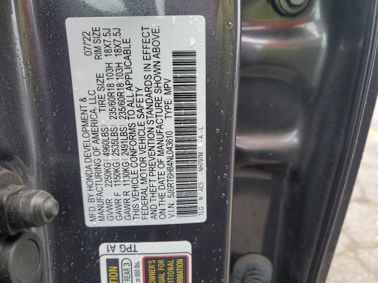 2022 HONDA CR-V EXL VIN:5J6RT6H84NL043610