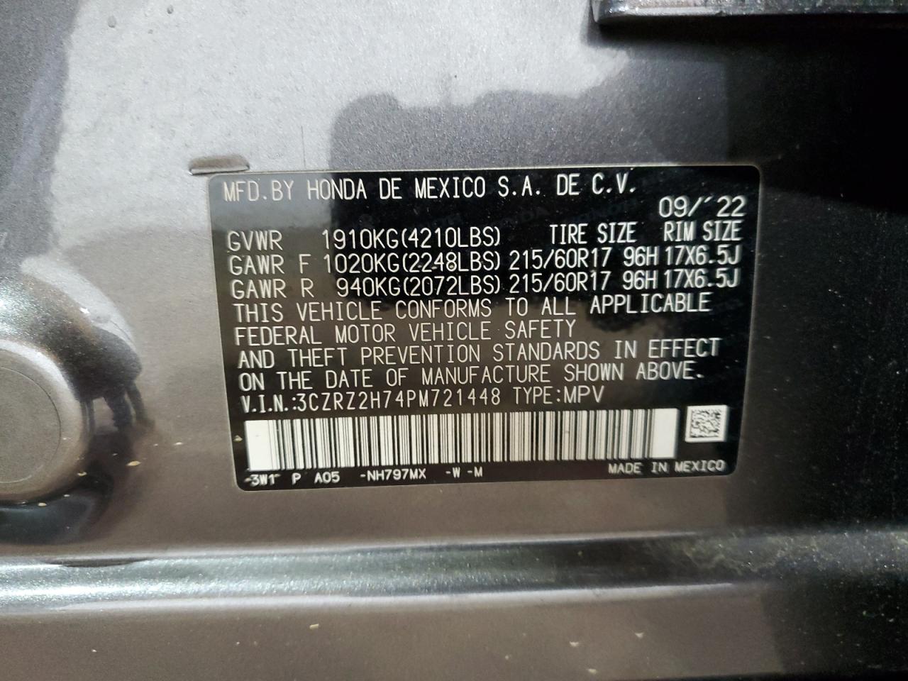 2023 HONDA HR-V EXL VIN:3CZRZ2H74PM721448