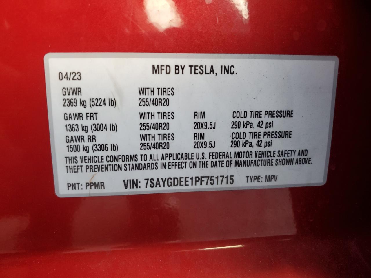 2023 TESLA MODEL Y  VIN:7SAYGDEE1PF751715