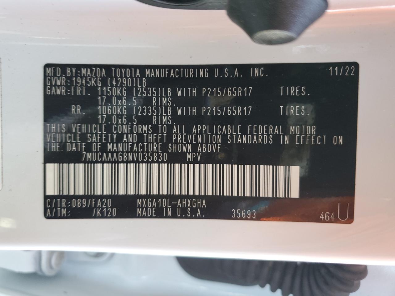 2022 TOYOTA COROLLA CROSS LE VIN:7MUCAAAG8NV035830