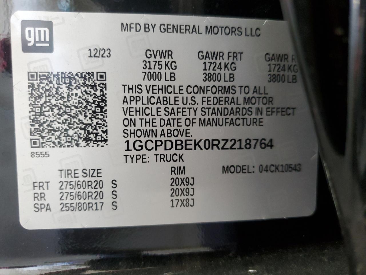 2024 CHEVROLET SILVERADO K1500 CUSTOM VIN:1GCPDBEK0RZ218764