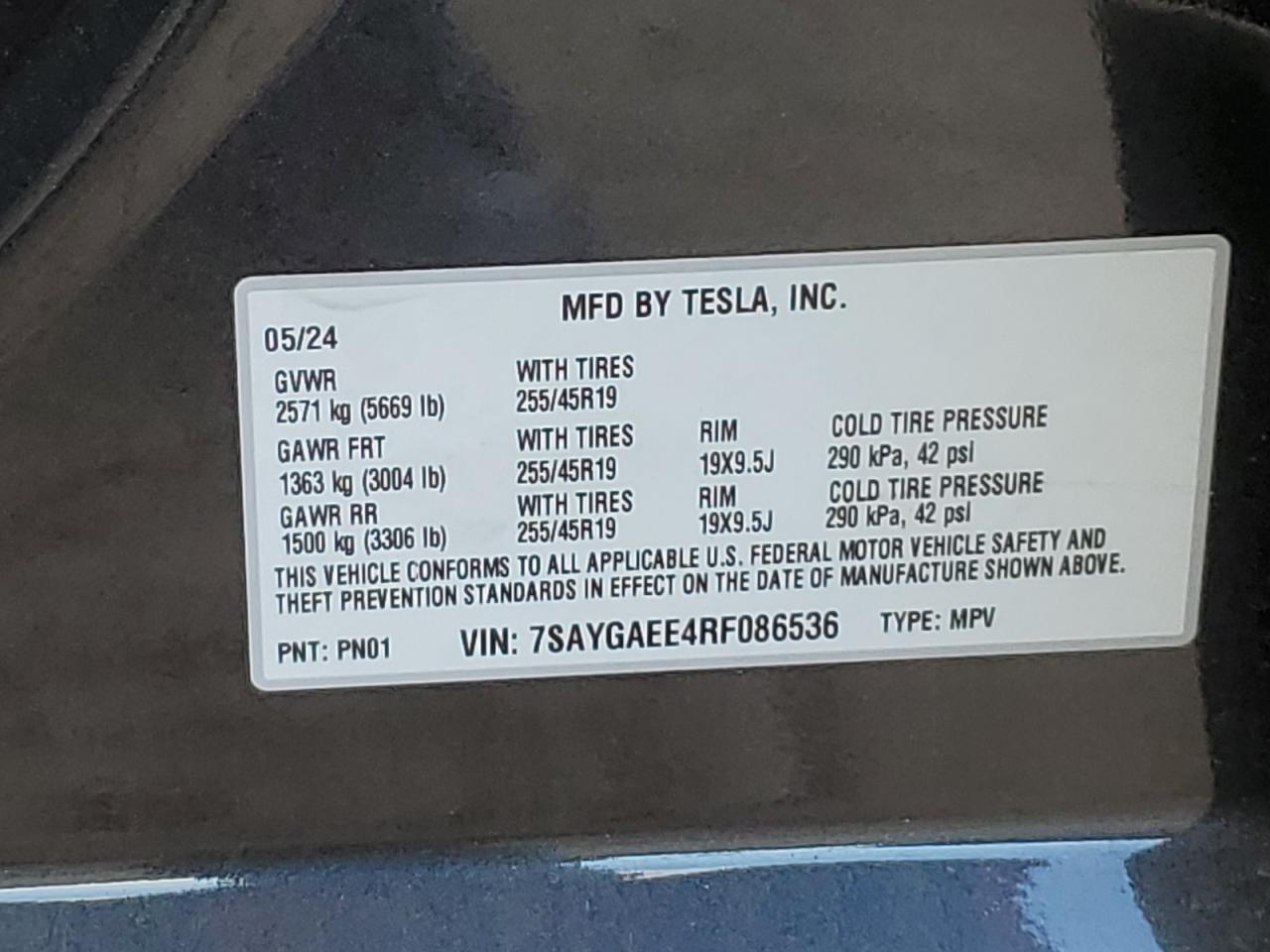 2024 TESLA MODEL Y  VIN:7SAYGAEE4RF086536