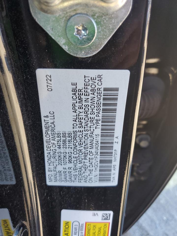 2022 HONDA ACCORD SPORT VIN:1HGCV1F34NA064115