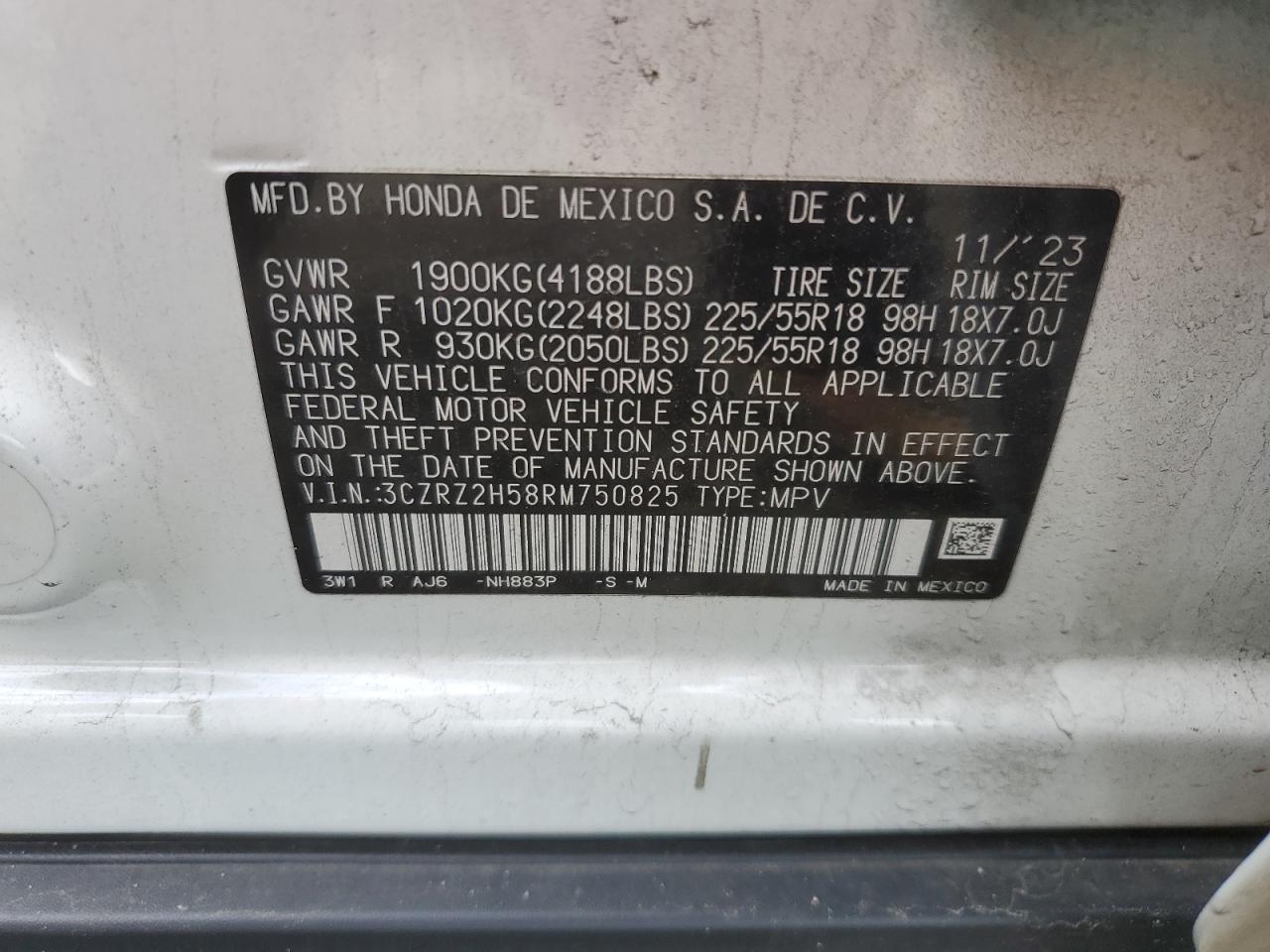 2024 HONDA HR-V SPORT VIN:3CZRZ2H58RM750825