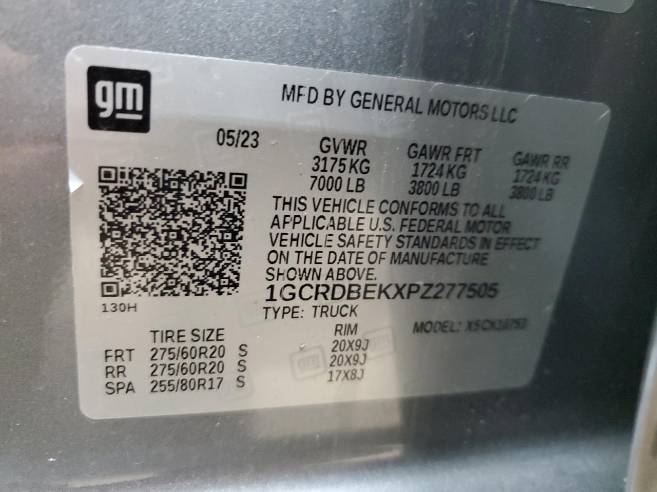 2023 CHEVROLET SILVERADO K1500 CUSTOM VIN:1GCRDBEKXPZ277505