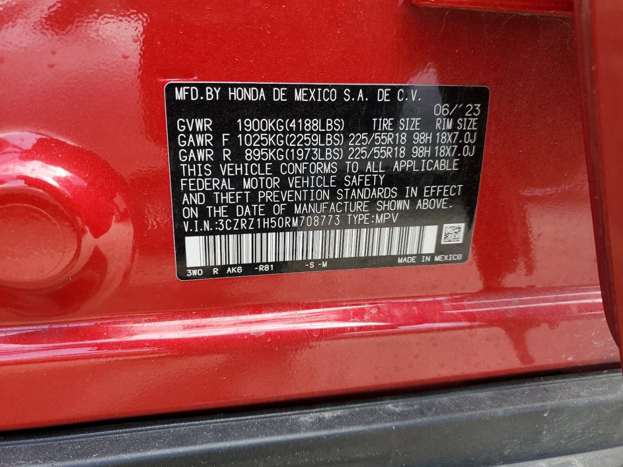2024 HONDA HR-V SPORT VIN:3CZRZ1H50RM708773