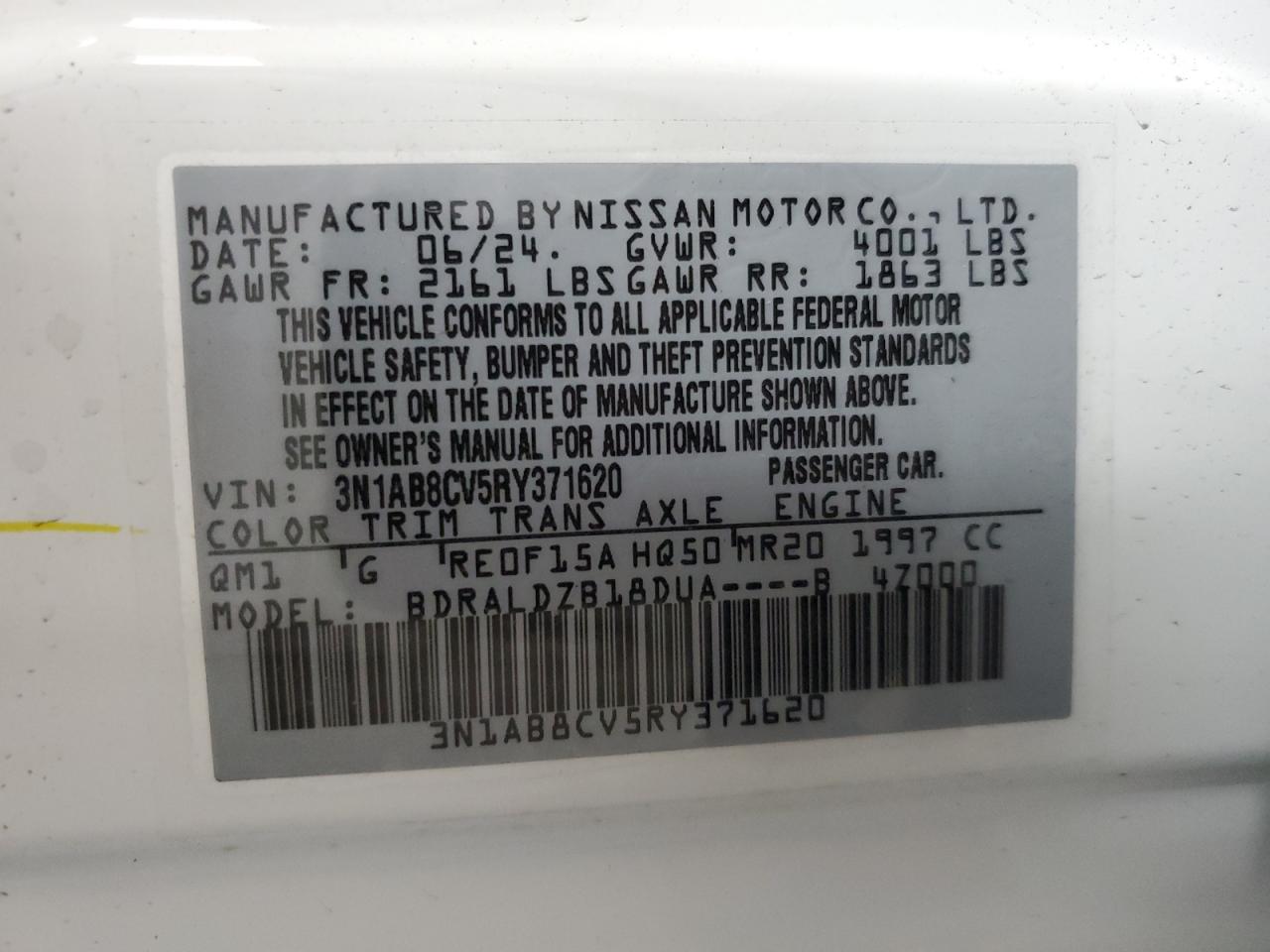 2024 NISSAN SENTRA SV VIN:3N1AB8CV5RY371620