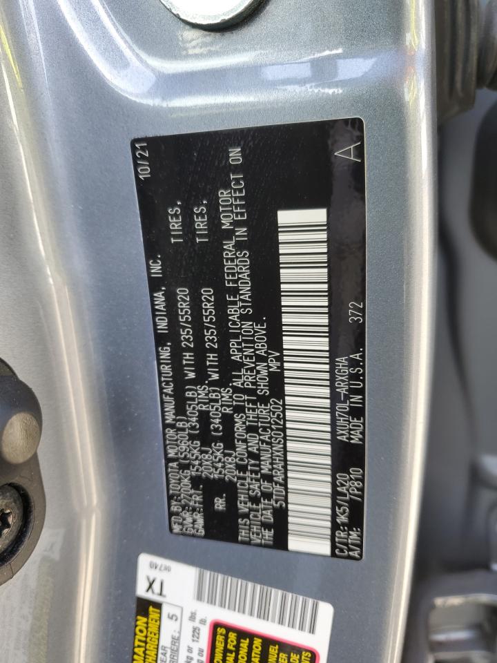 2022 TOYOTA HIGHLANDER HYBRID PLATINUM VIN:5TDFARAHXNS012502