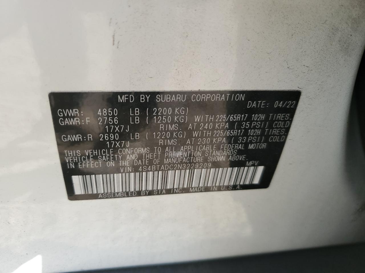 2022 SUBARU OUTBACK PREMIUM VIN:4S4BTADC2N3229209