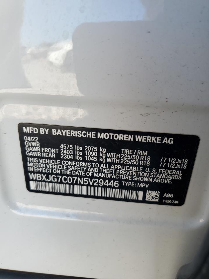 2022 BMW X1 SDRIVE28I VIN:WBXJG7C07N5V29446