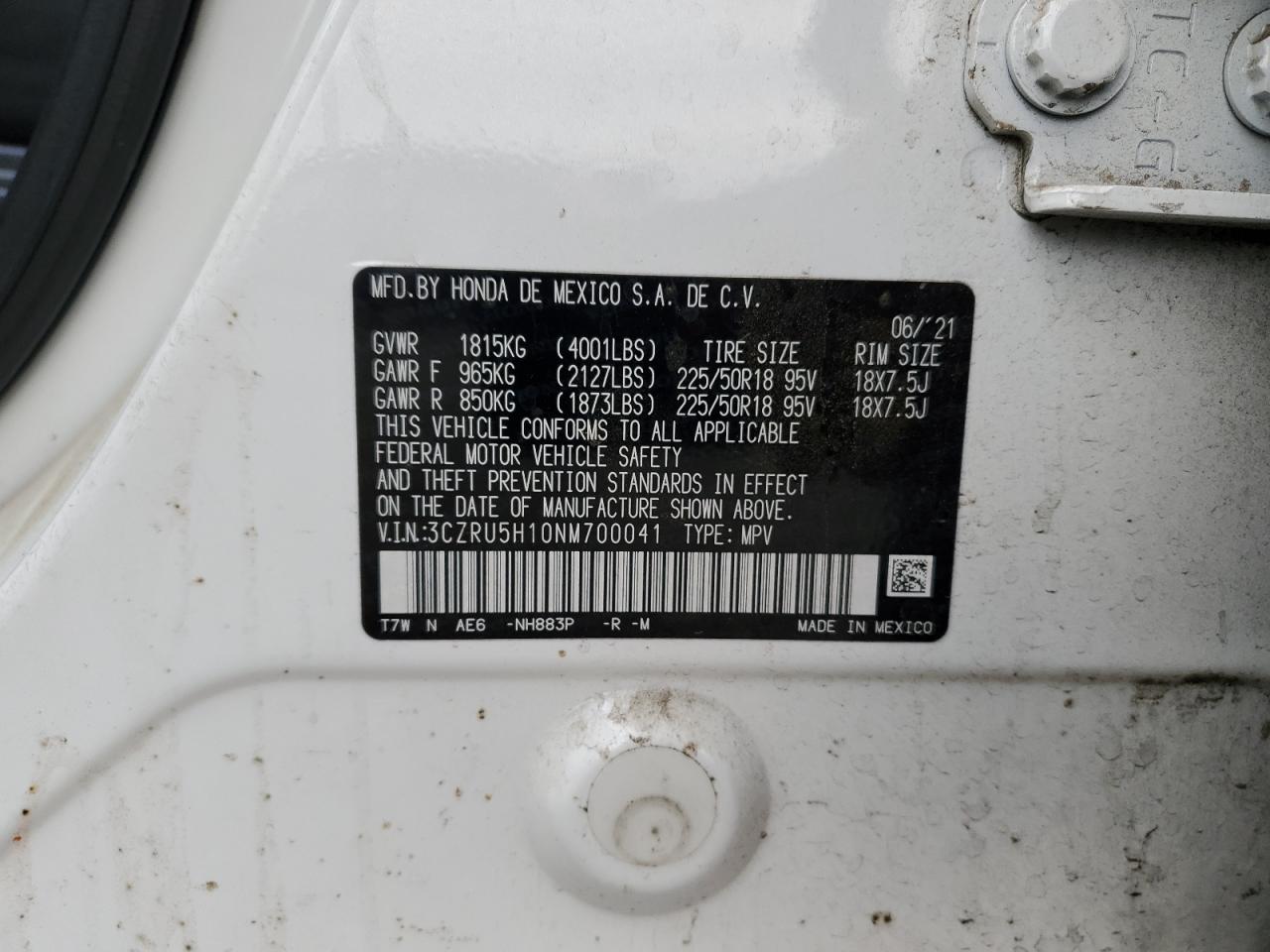 2022 HONDA HR-V SPORT VIN:3CZRU5H10NM700041