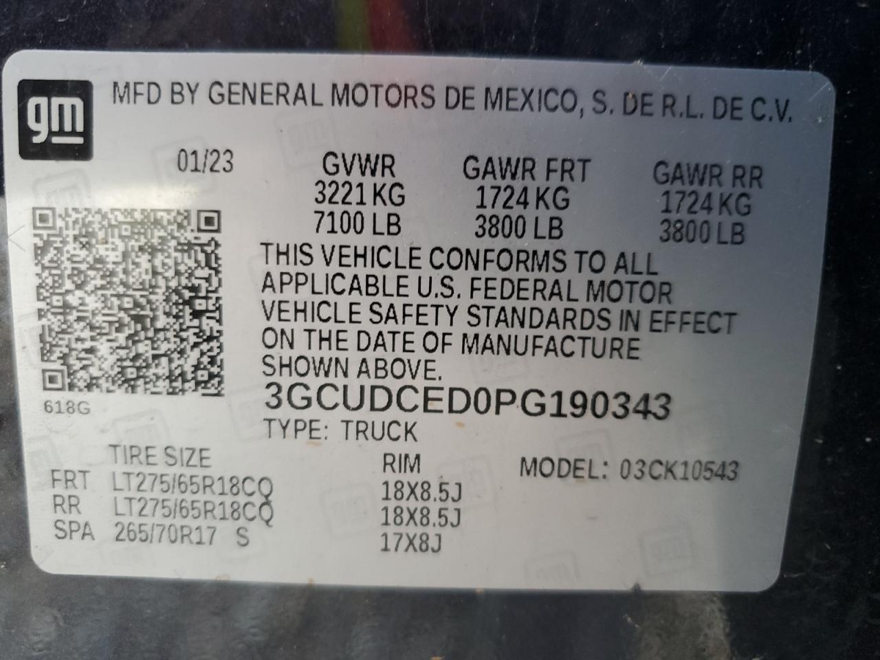 2023 CHEVROLET SILVERADO K1500 TRAIL BOSS CUSTOM VIN:3GCUDCED0PG190343