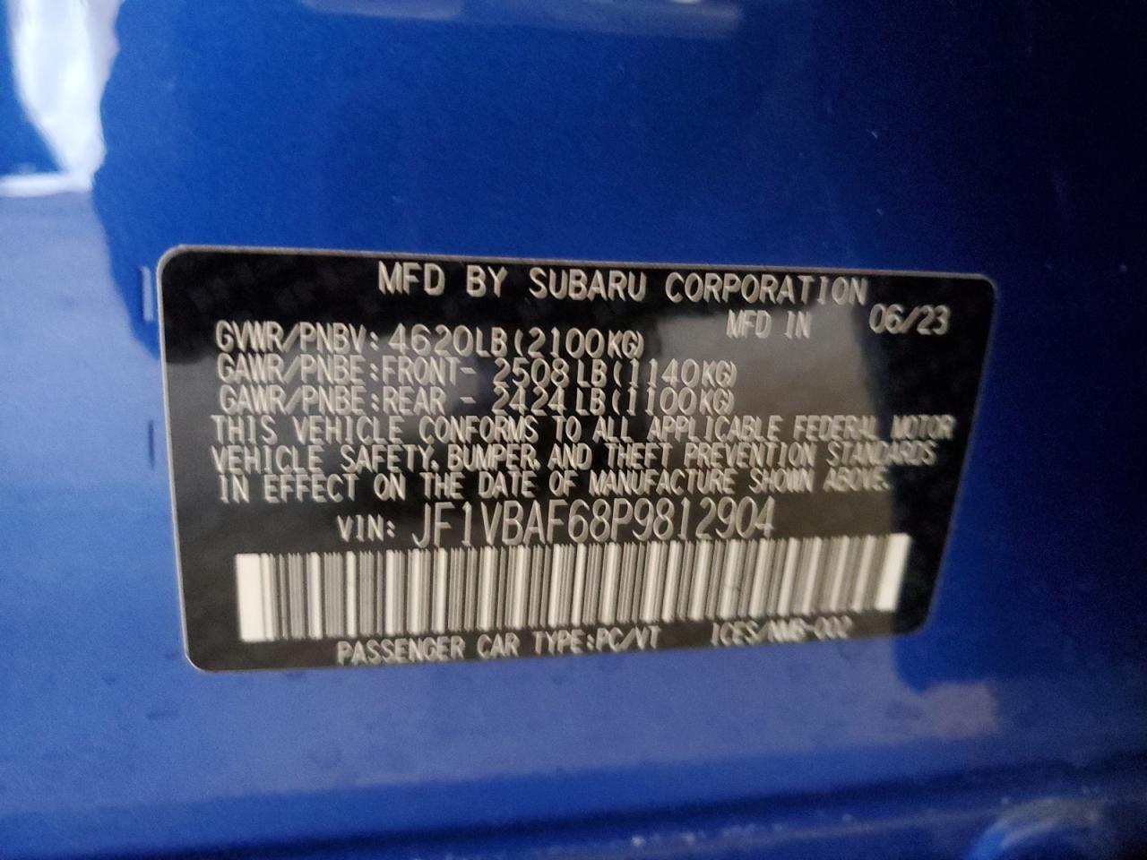 2023 SUBARU WRX PREMIUM VIN:JF1VBAF68P9812904