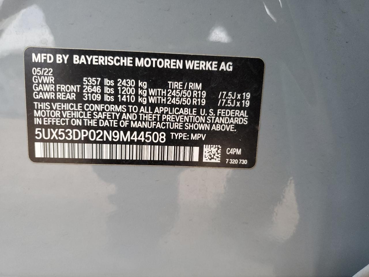 2022 BMW X3 XDRIVE30I VIN:JHMZC5F36KC000792