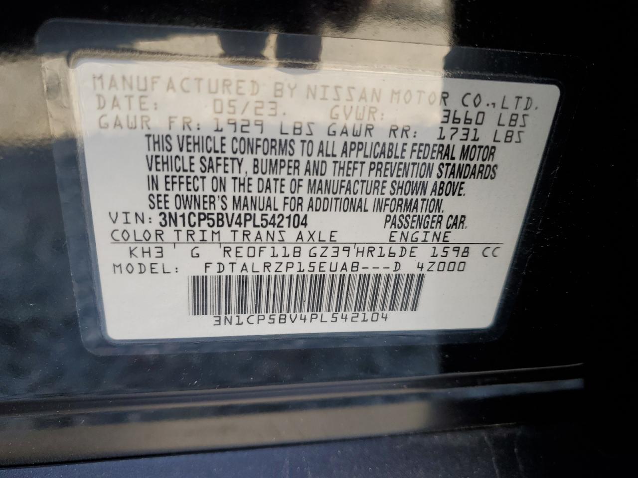 2023 NISSAN KICKS S VIN:3N1CP5BV4PL542104