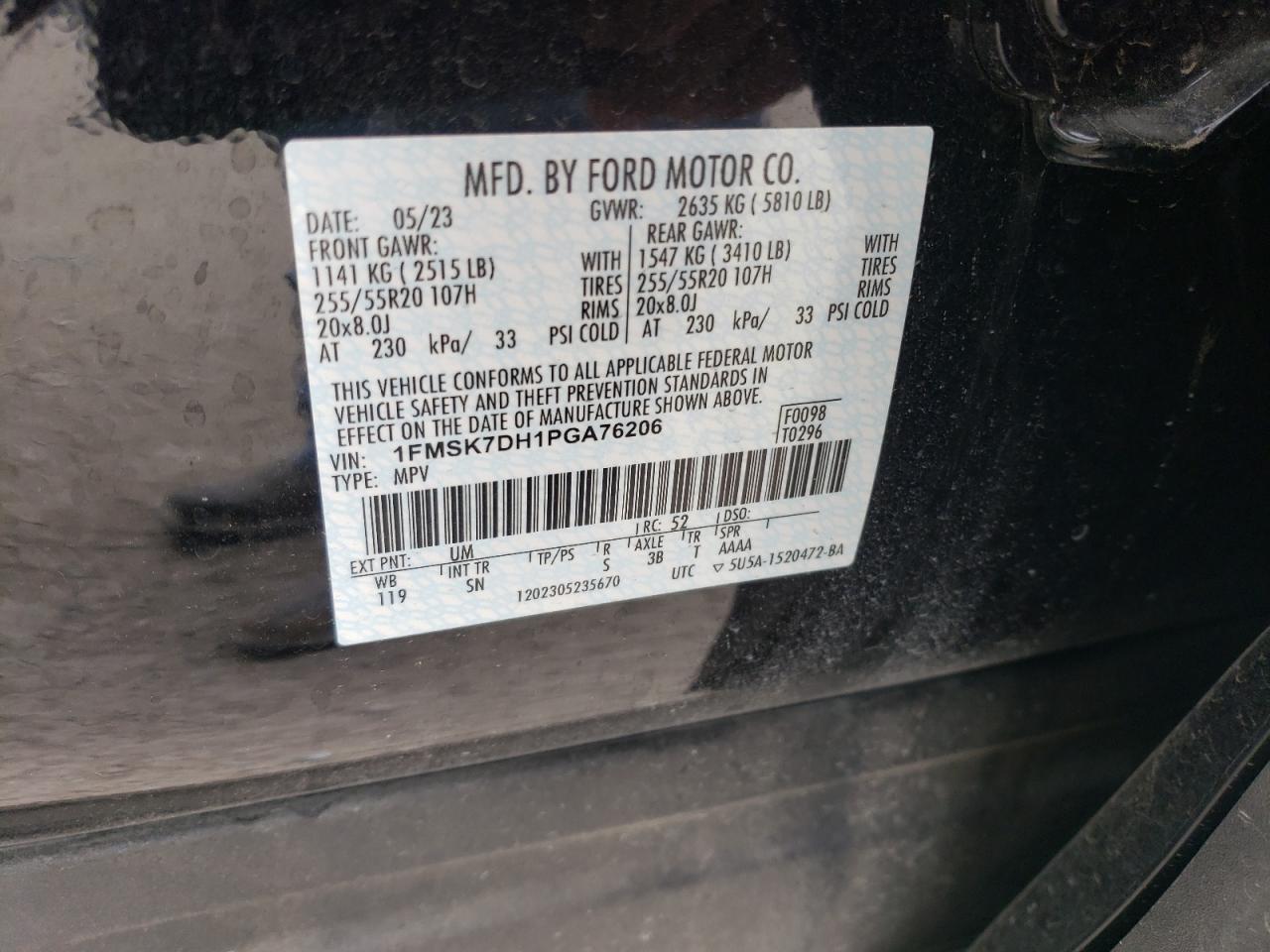 2023 FORD EXPLORER XLT VIN:1FMSK7DH1PGA76206