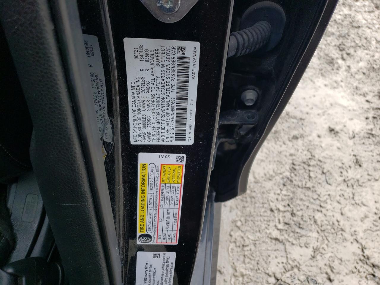 2022 HONDA CIVIC SPORT VIN:2HGFE2F57NH507699