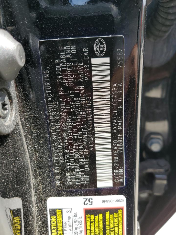 2022 TOYOTA CAMRY SE VIN:4T1G11AK0NU668331