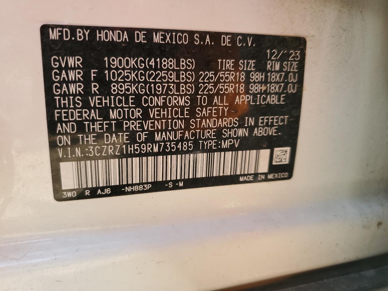 2024 HONDA HR-V SPORT VIN:3CZRZ1H59RM735485