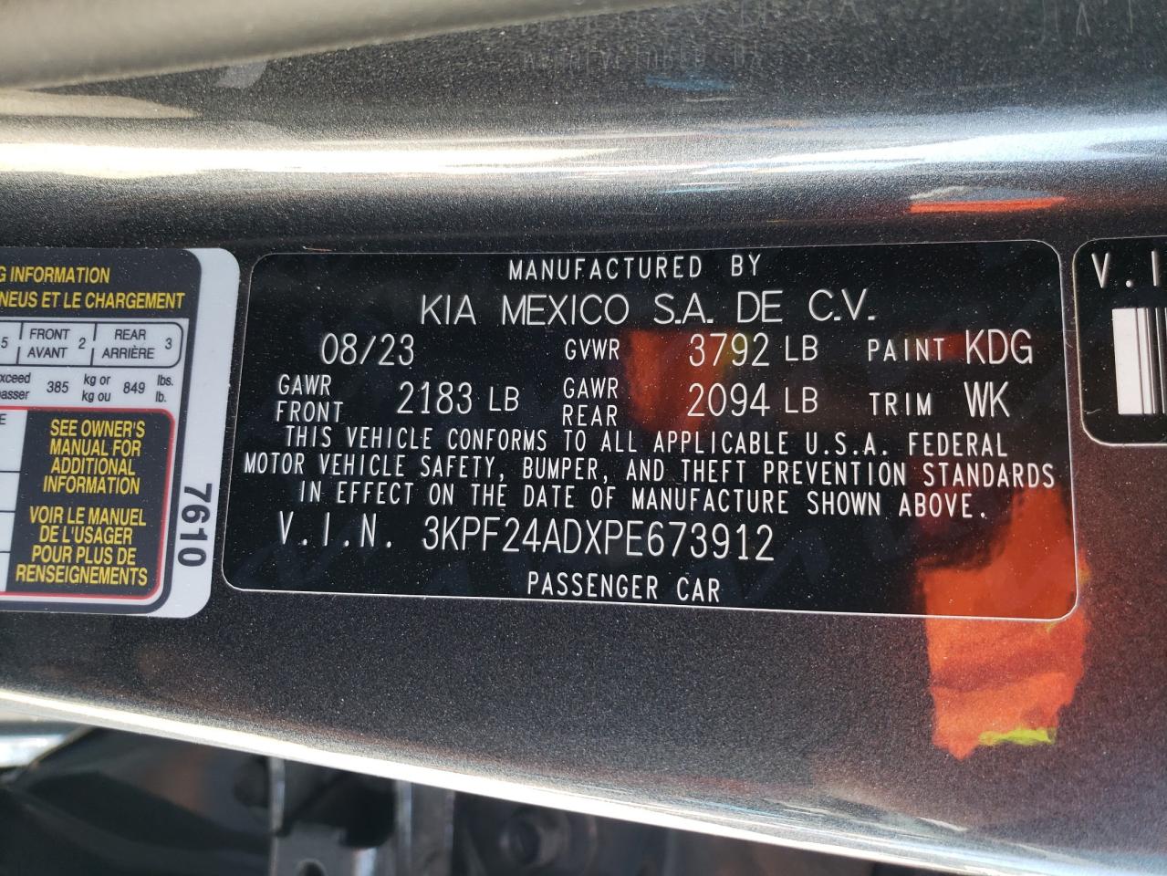 2023 KIA FORTE LX VIN:3KPF24ADXPE673912