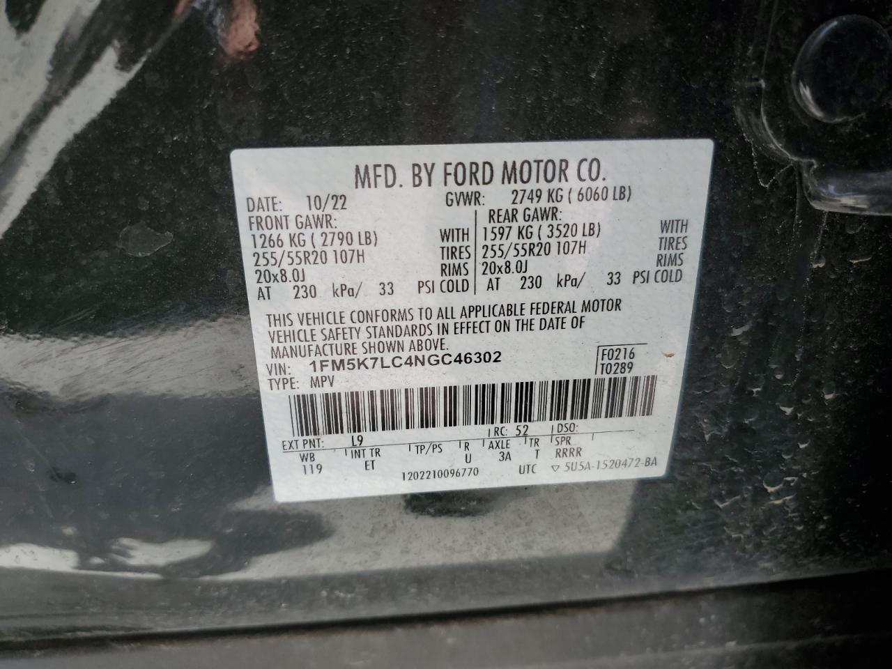 2022 FORD EXPLORER KING RANCH VIN:1FM5K7LC4NGC46302