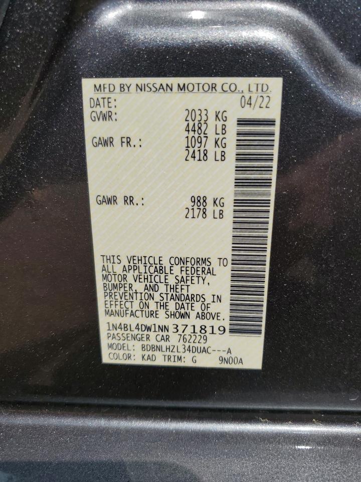 2022 NISSAN ALTIMA SV VIN:1N4BL4DW1NN371819