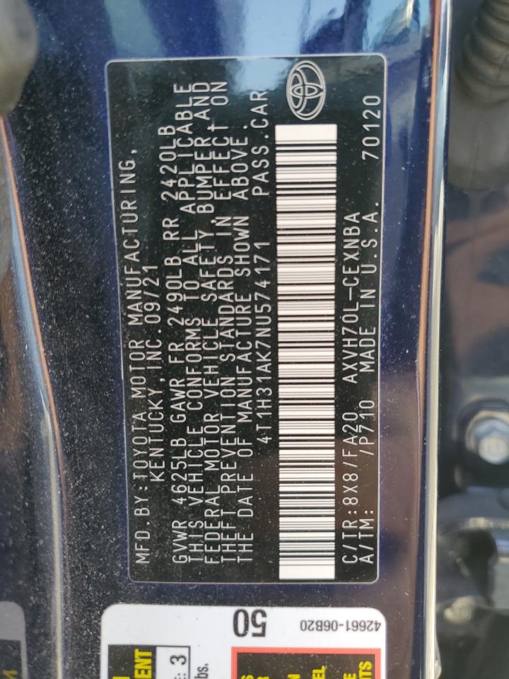 2022 TOYOTA CAMRY LE VIN:4T1H31AK7NU574171