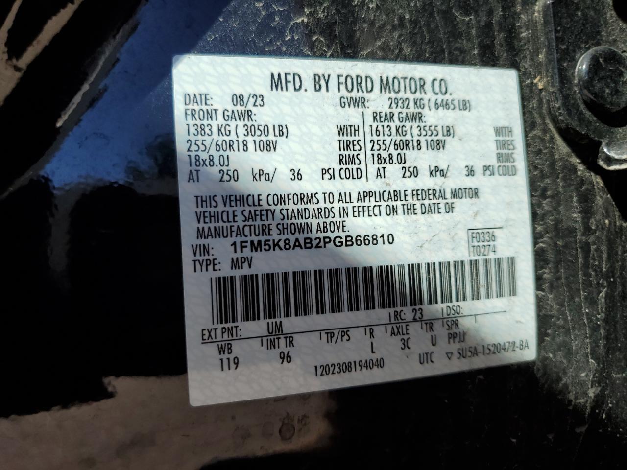 2023 FORD EXPLORER POLICE INTERCEPTOR VIN:1FM5K8AB2PGB66810