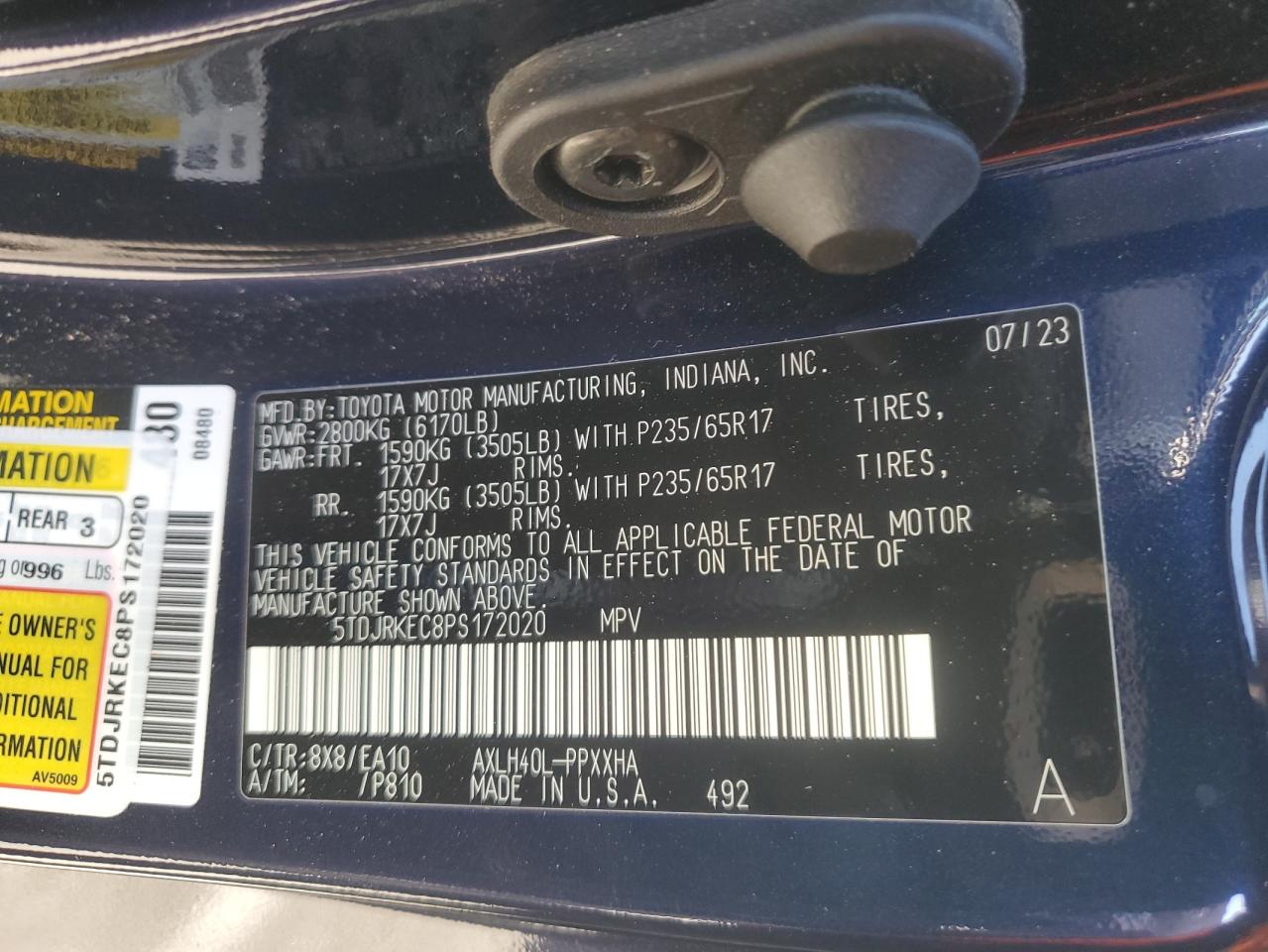 2023 TOYOTA SIENNA XLE VIN:5TDJRKEC8PS172020