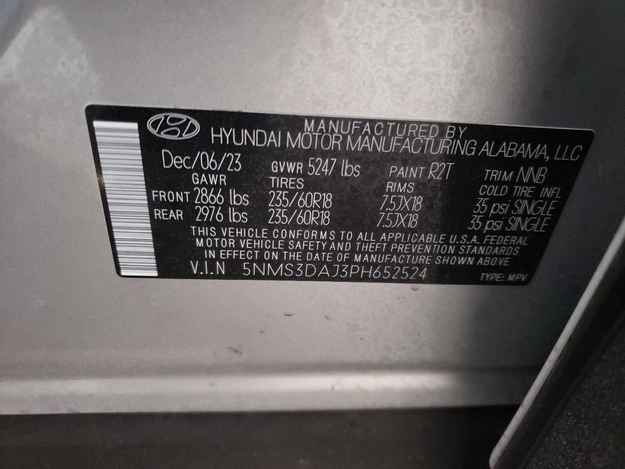 2023 HYUNDAI SANTA FE SEL PREMIUM VIN:5NMS3DAJ3PH652524