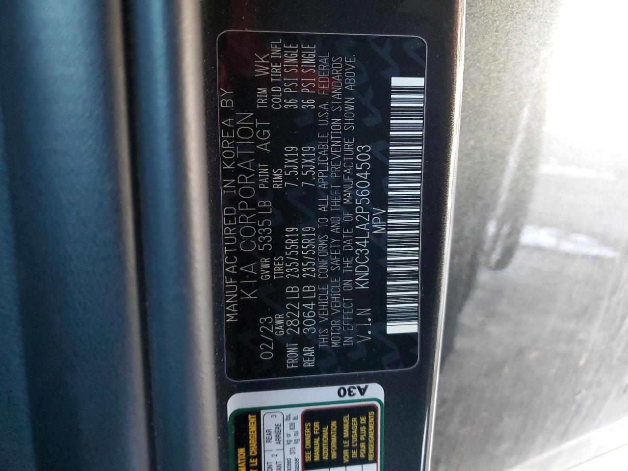 2023 KIA EV6 LIGHT VIN:KNDC34LA2P5604503