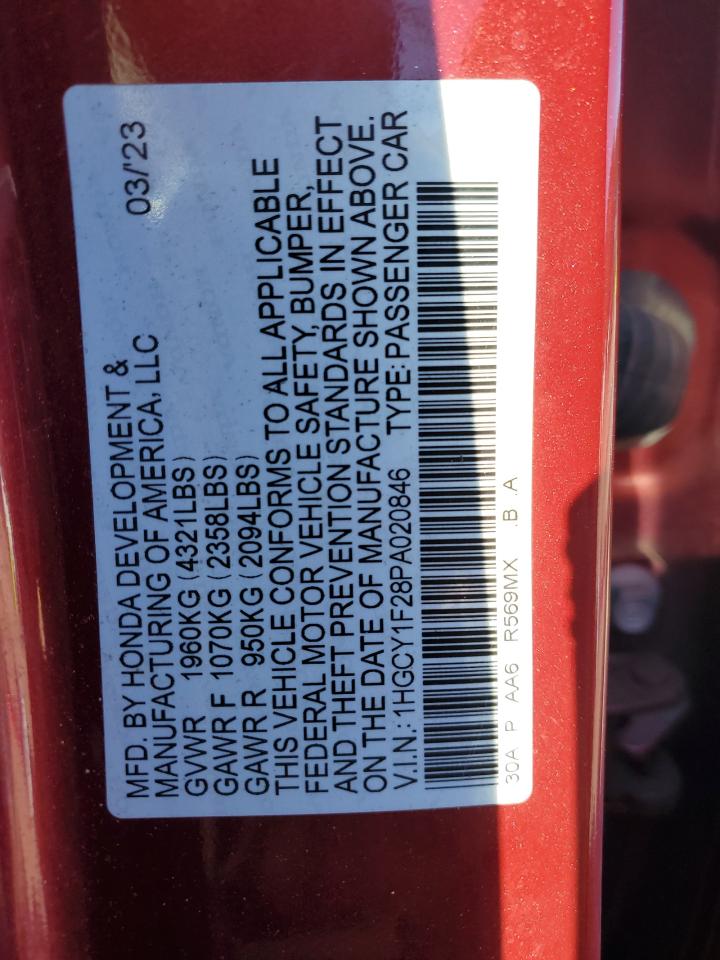 2023 HONDA ACCORD LX VIN:1HGCY1F28PA020846