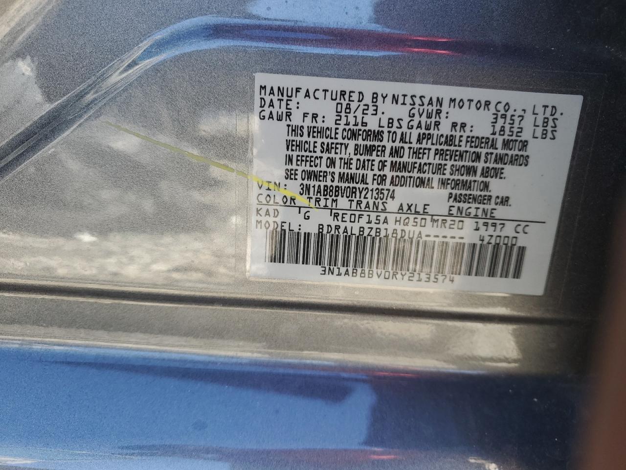 2024 NISSAN SENTRA S VIN:3N1AB8BV0RY213574