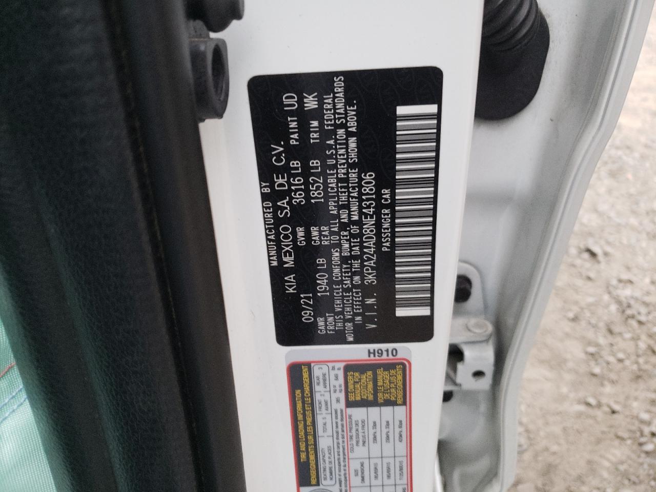 2022 KIA RIO LX VIN:3KPA24AD8NE431806