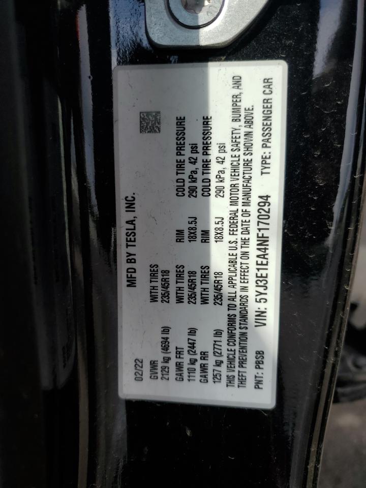 2022 TESLA MODEL 3  VIN:5YJ3E1EA4NF170294