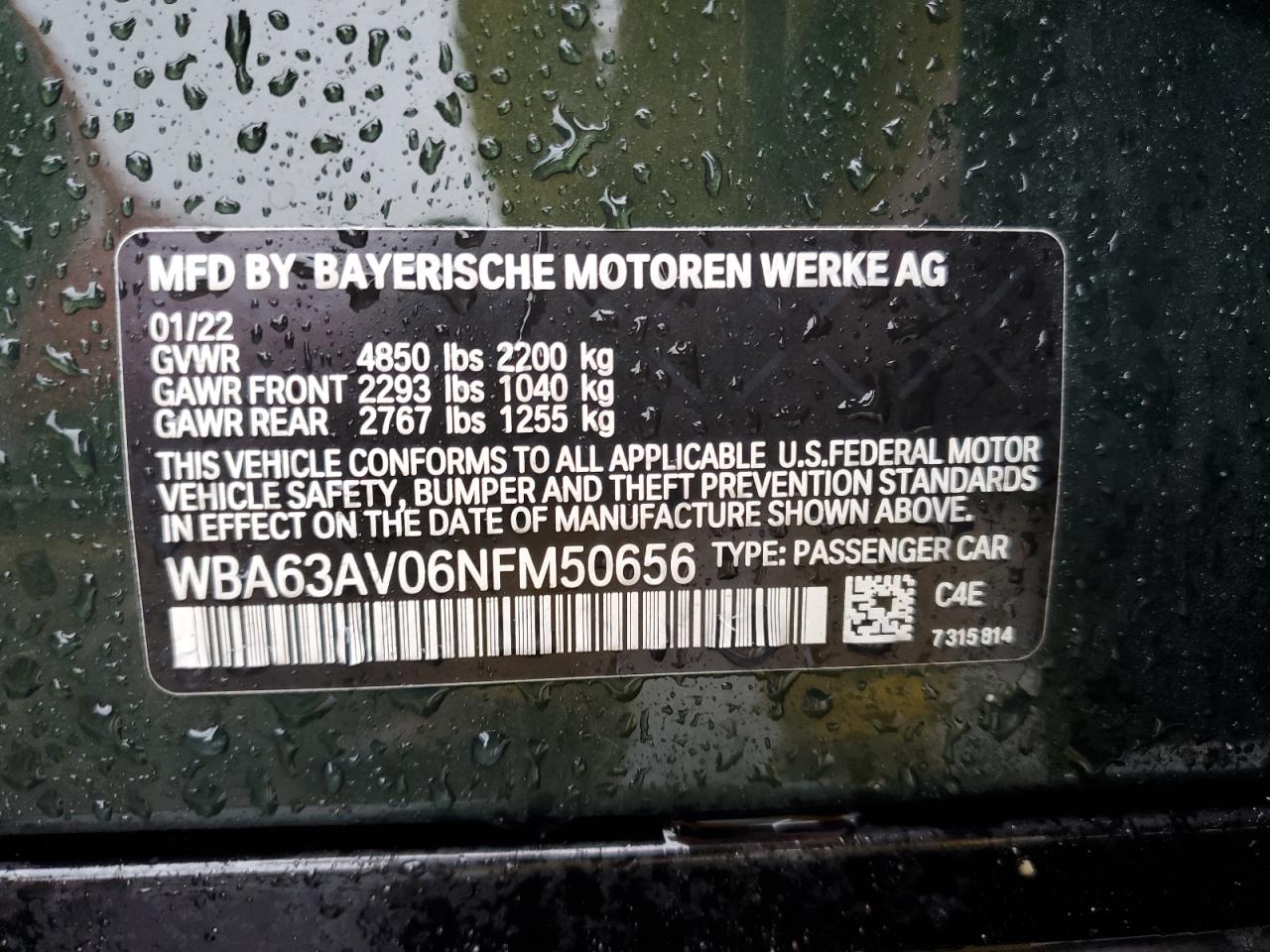 2022 BMW 430I GRAN COUPE VIN:WBA63AV06NFM50656