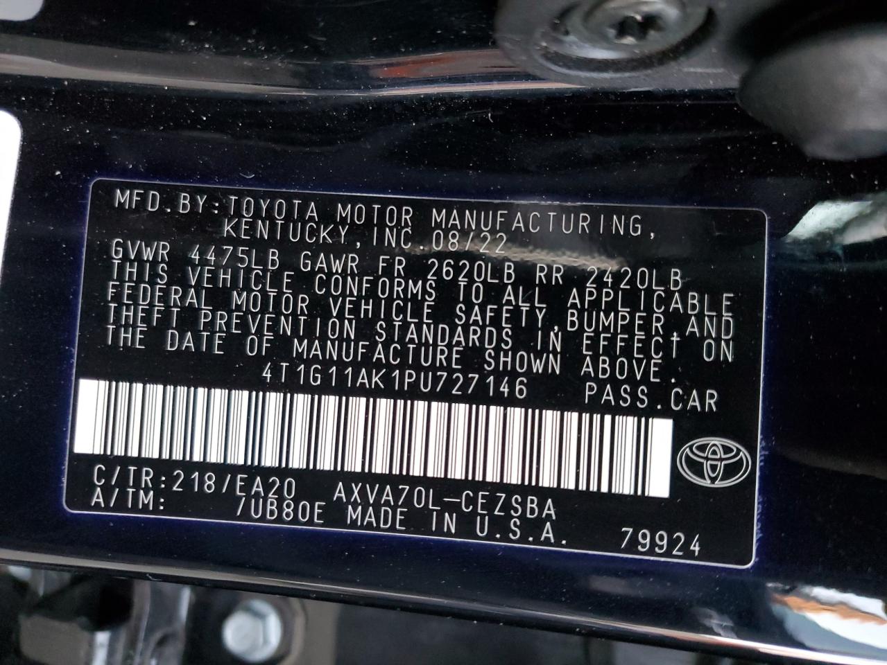 2023 TOYOTA CAMRY SE NIGHT SHADE VIN:4T1G11AK1PU727146