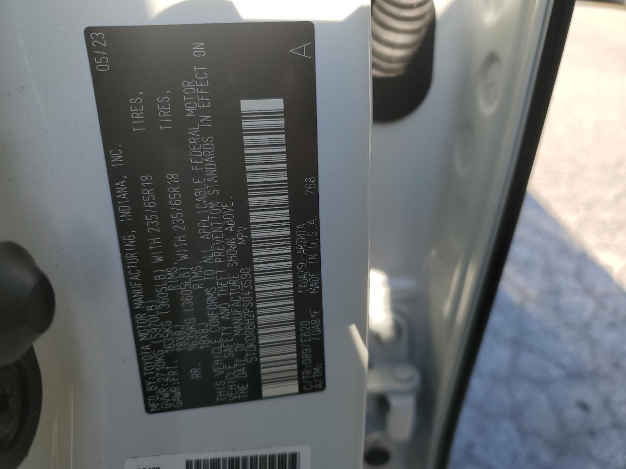 2023 TOYOTA HIGHLANDER L VIN:5TDKDRBH2PS043590