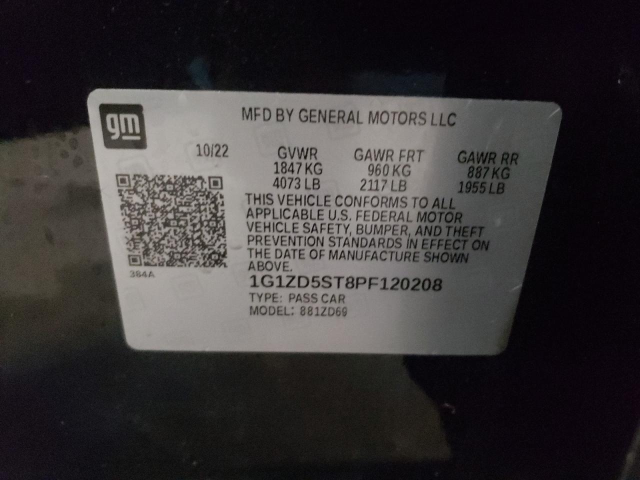 2023 CHEVROLET MALIBU LT VIN:1G1ZD5ST8PF120208