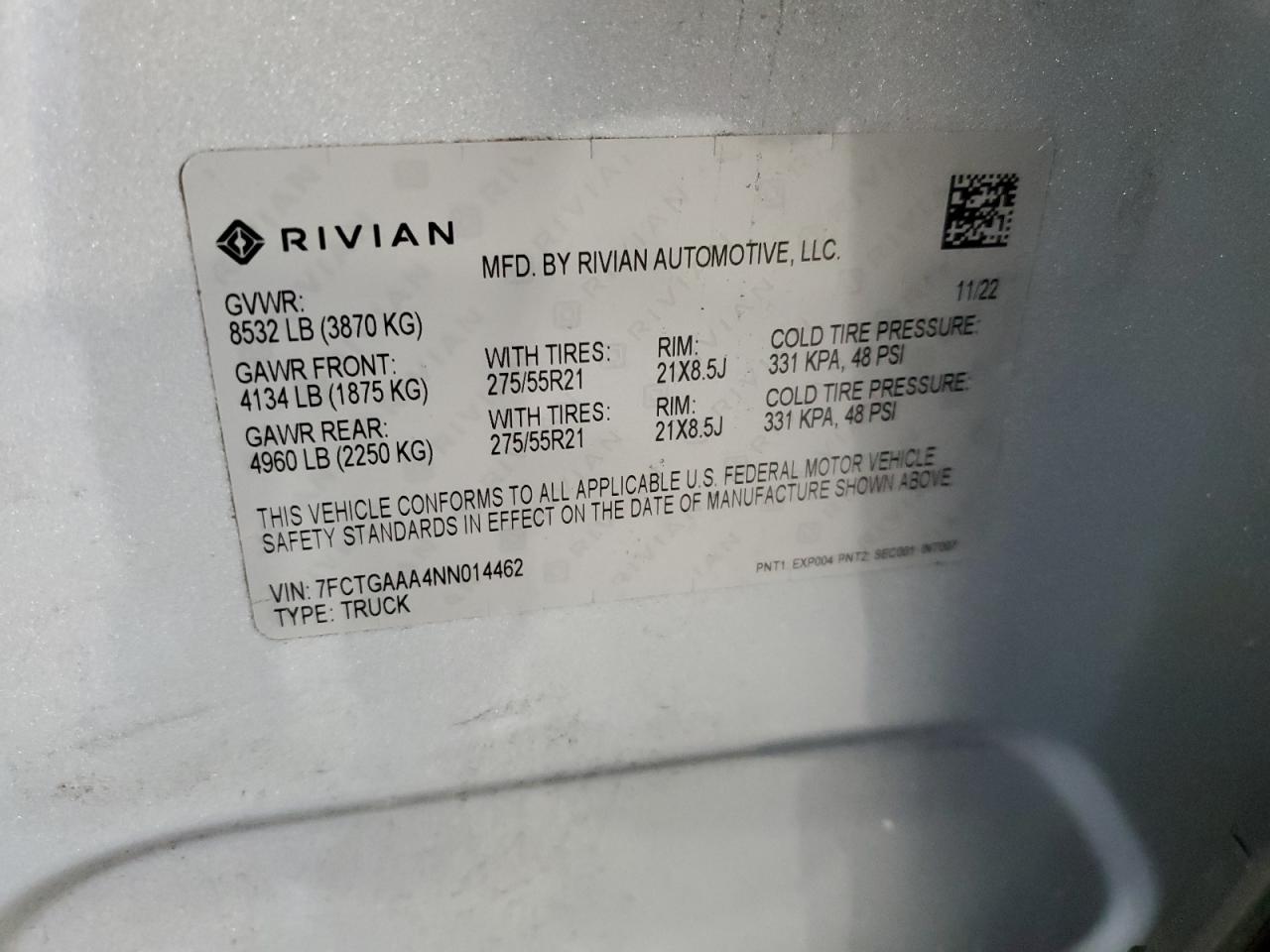 2022 RIVIAN R1T ADVENTURE VIN:7FCTGAAA4NN014462