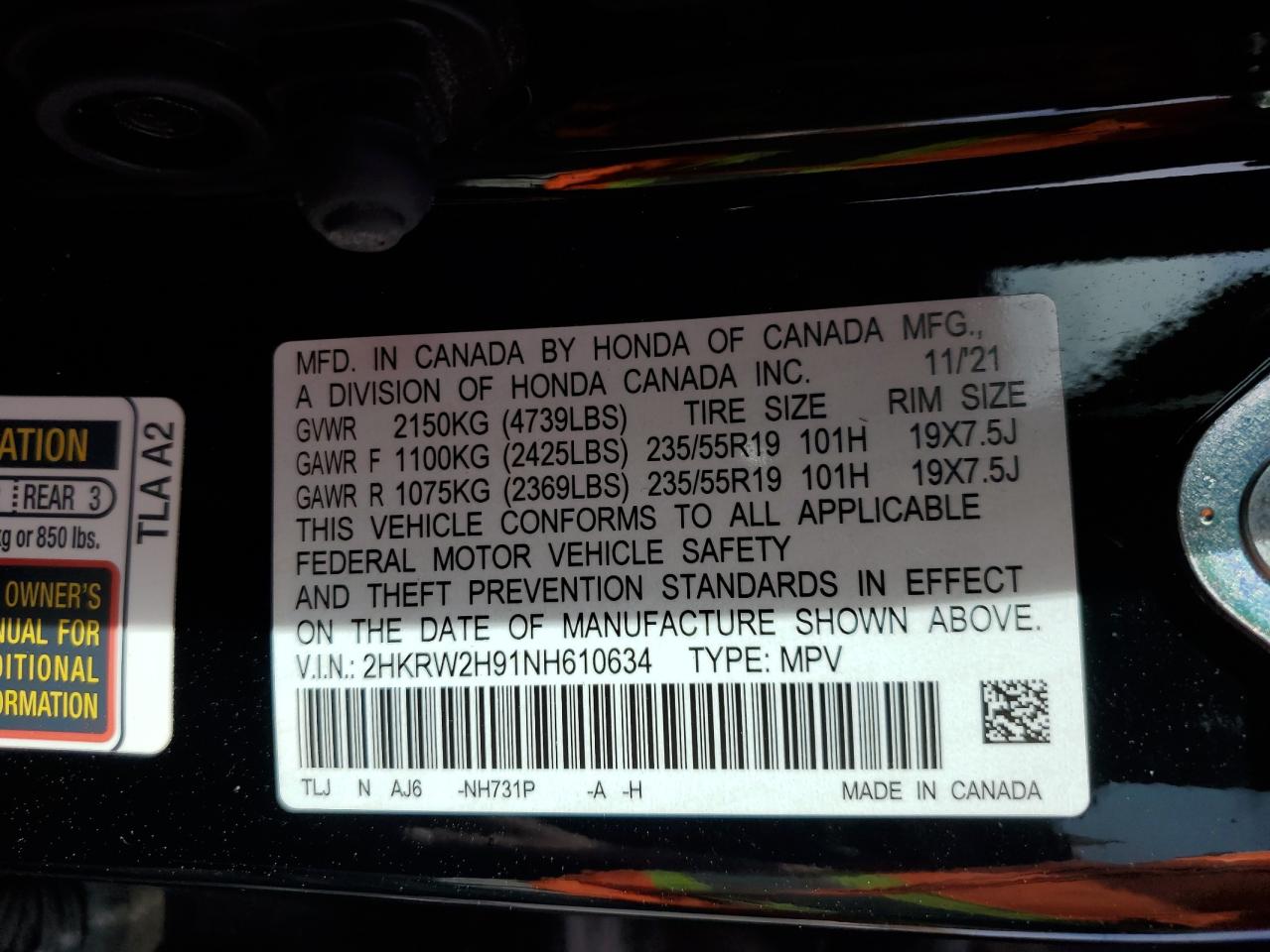 2022 HONDA CR-V TOURING VIN:2HKRW2H91NH610634