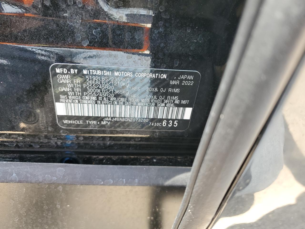 2022 MITSUBISHI OUTLANDER SEL VIN:JA4J4VA80NZ073280