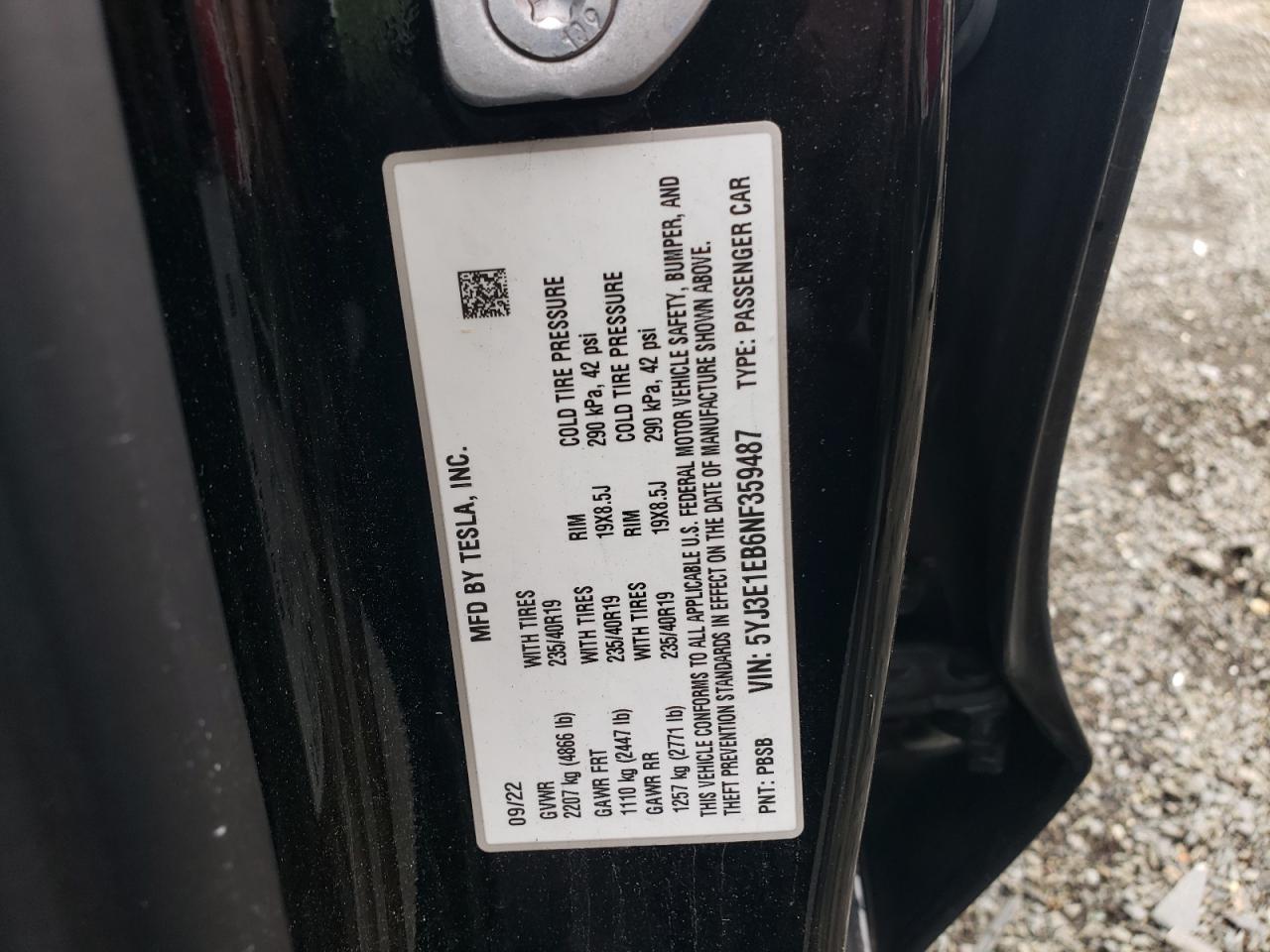 2022 TESLA MODEL 3  VIN:5YJ3E1EB6NF359487