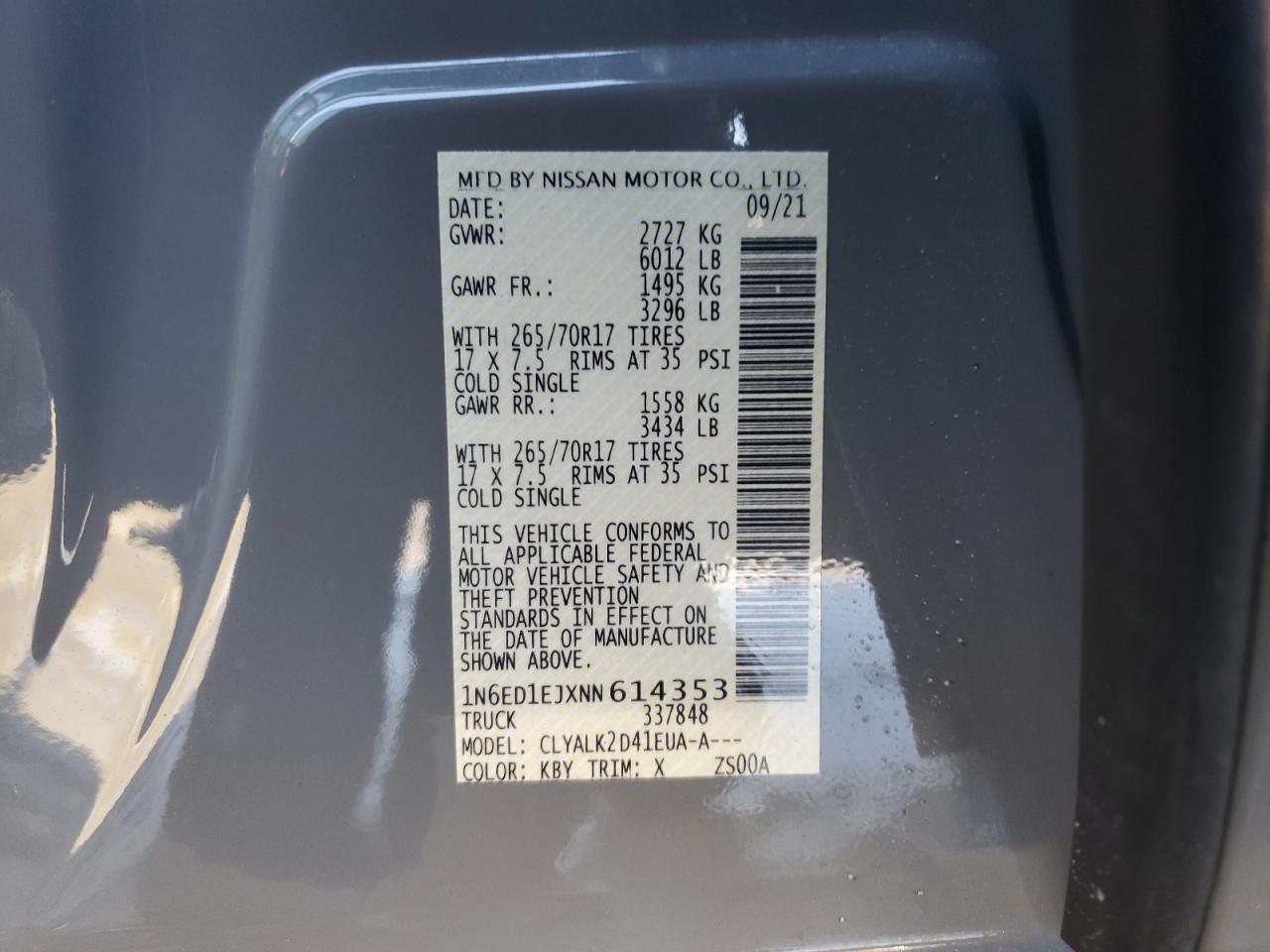 2022 NISSAN FRONTIER S VIN:1N6ED1EJXNN614353