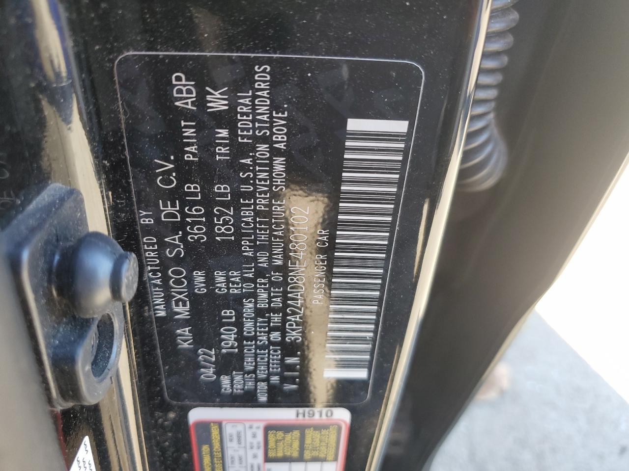 2022 KIA RIO LX VIN:3KPA24AD8NE480102