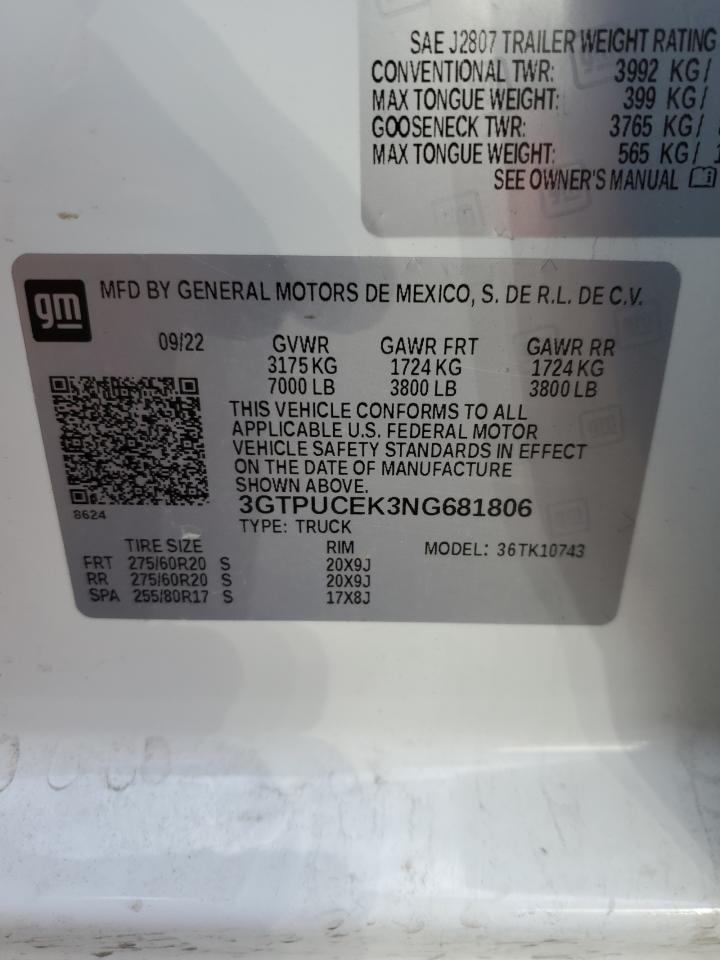 2022 GMC SIERRA K1500 ELEVATION VIN:3GTPUCEK3NG681806