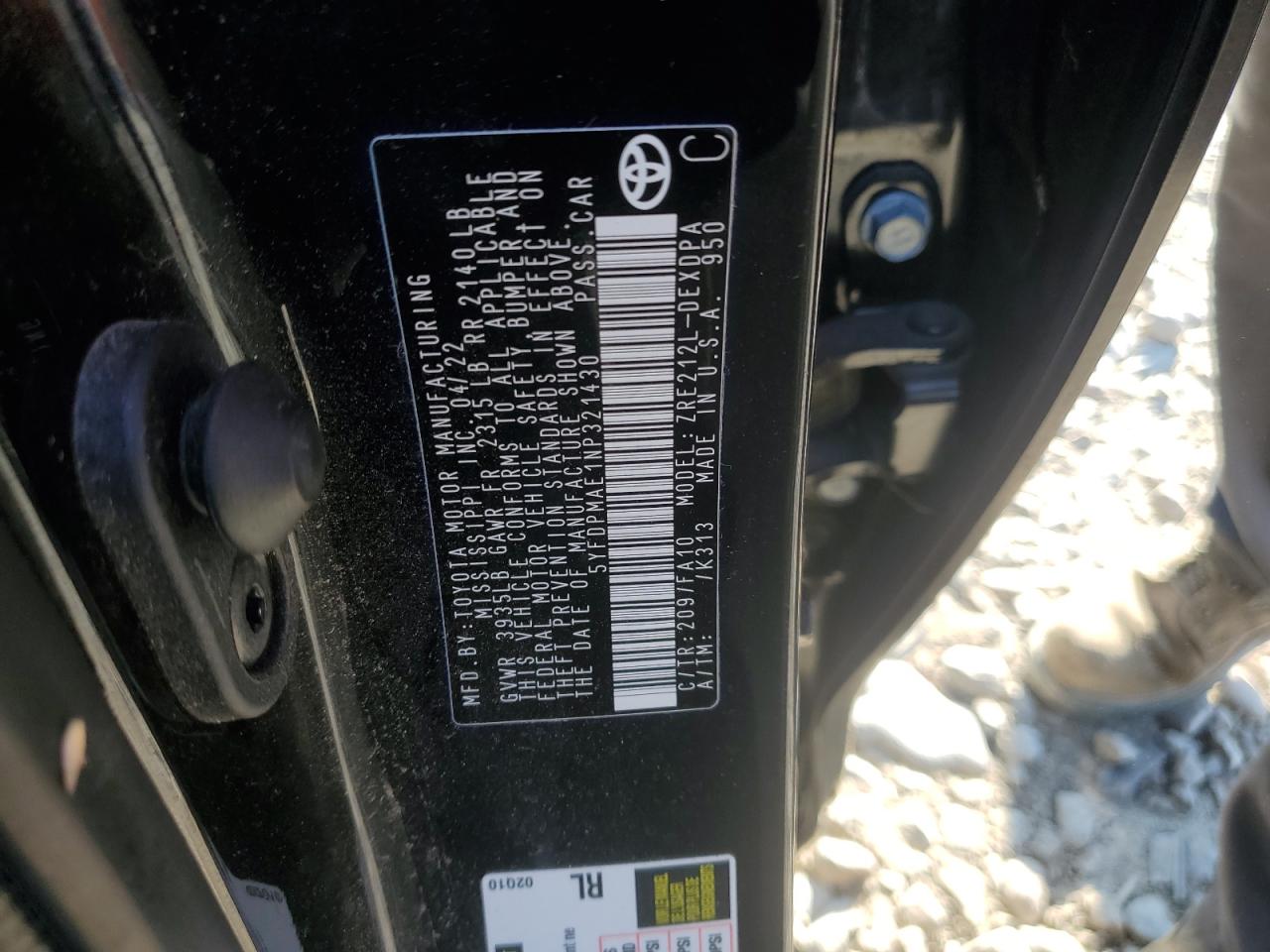 2022 TOYOTA COROLLA L VIN:5YFDPMAE1NP321430